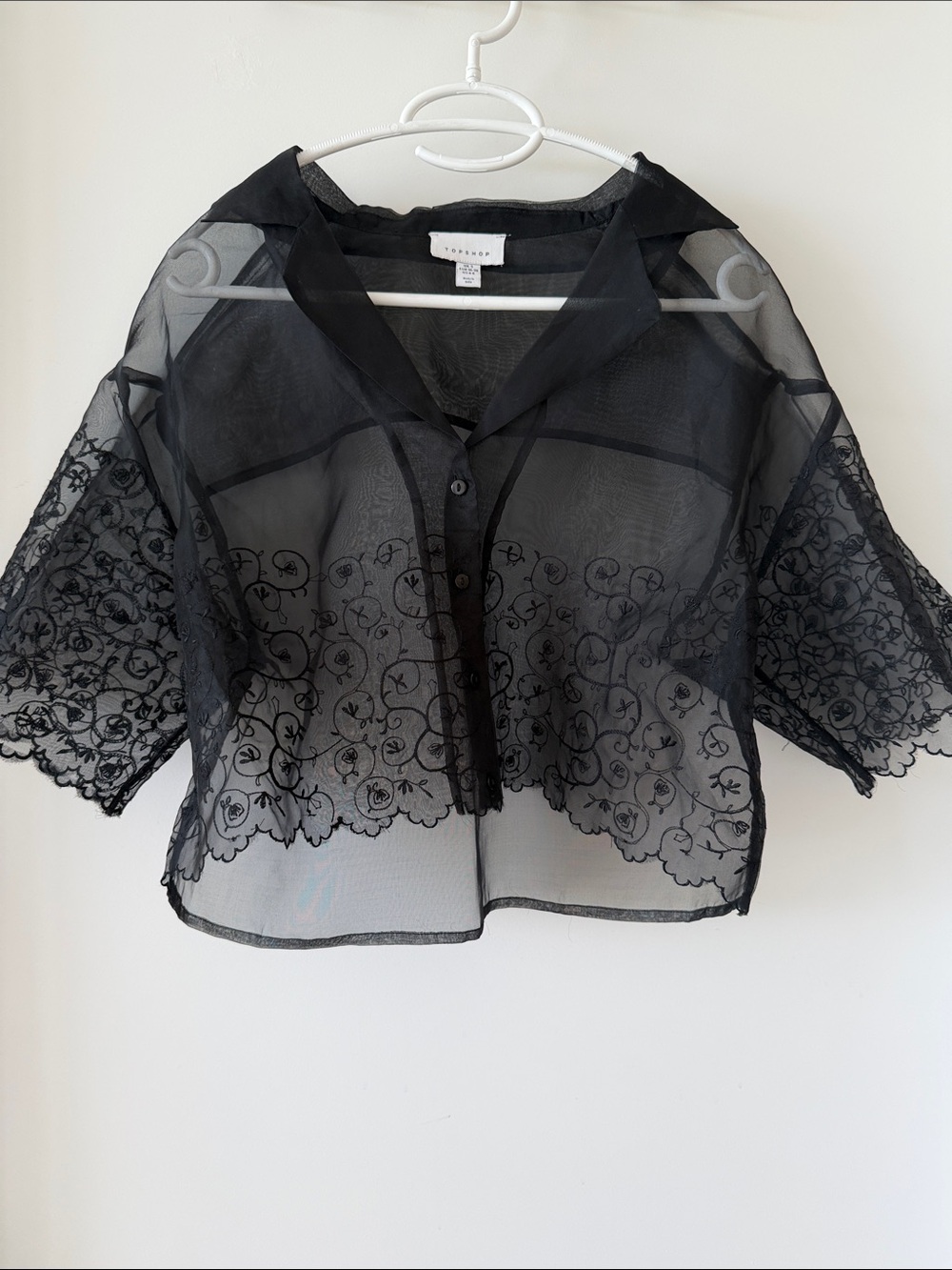Topshop Crop Organza Embroidered Lace Shirt in black